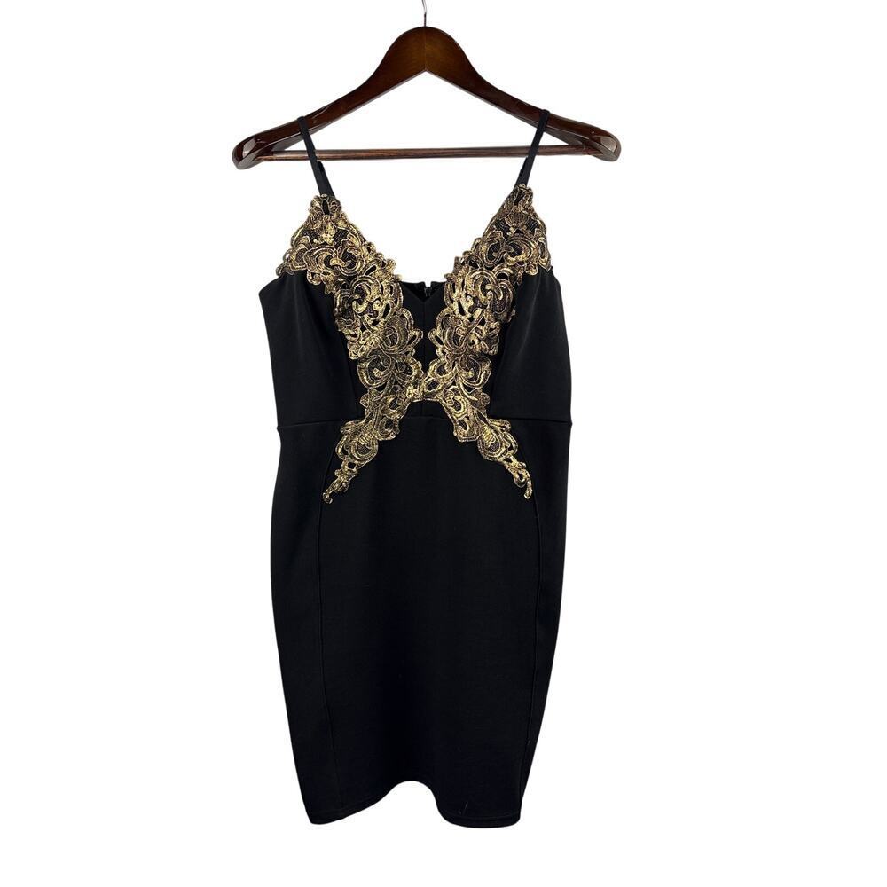 Women’s Lipsy London Size 10 Black w/ Gold Lace Mini Pencil Dress